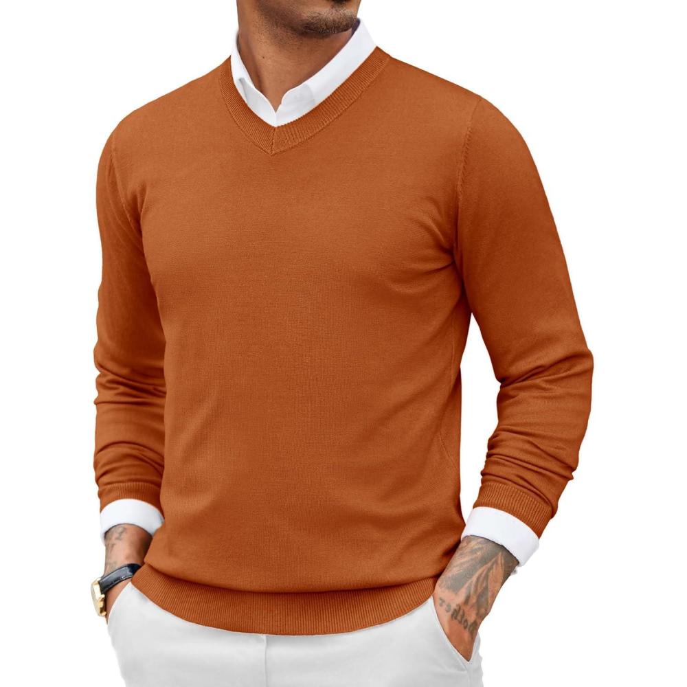 imageCOOFANDY Men Casual V Neck Sweater Ribbed Knit Slim Fit Long Sleeve Pullover TopBrown