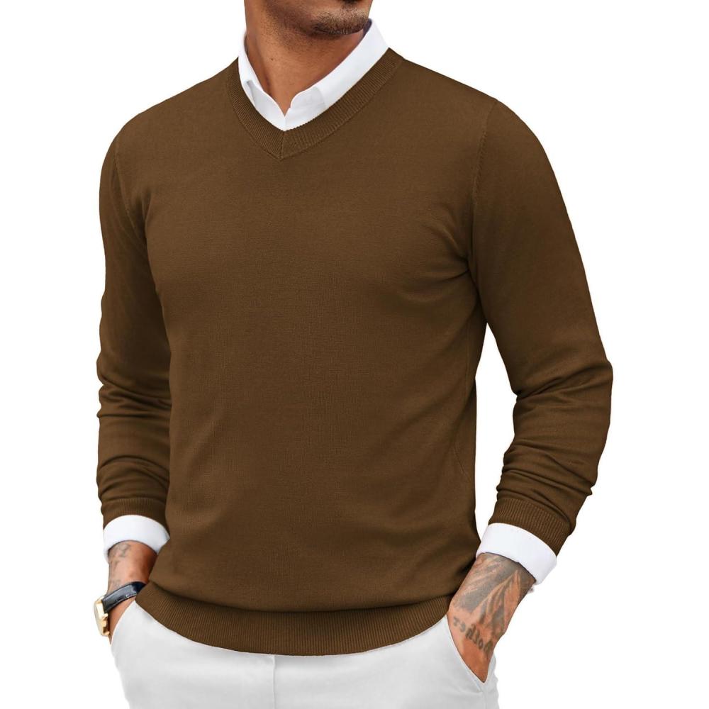 imageCOOFANDY Men Casual V Neck Sweater Ribbed Knit Slim Fit Long Sleeve Pullover TopDark Brown