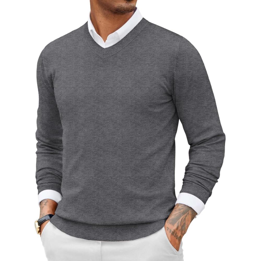 imageCOOFANDY Men Casual V Neck Sweater Ribbed Knit Slim Fit Long Sleeve Pullover TopGrey