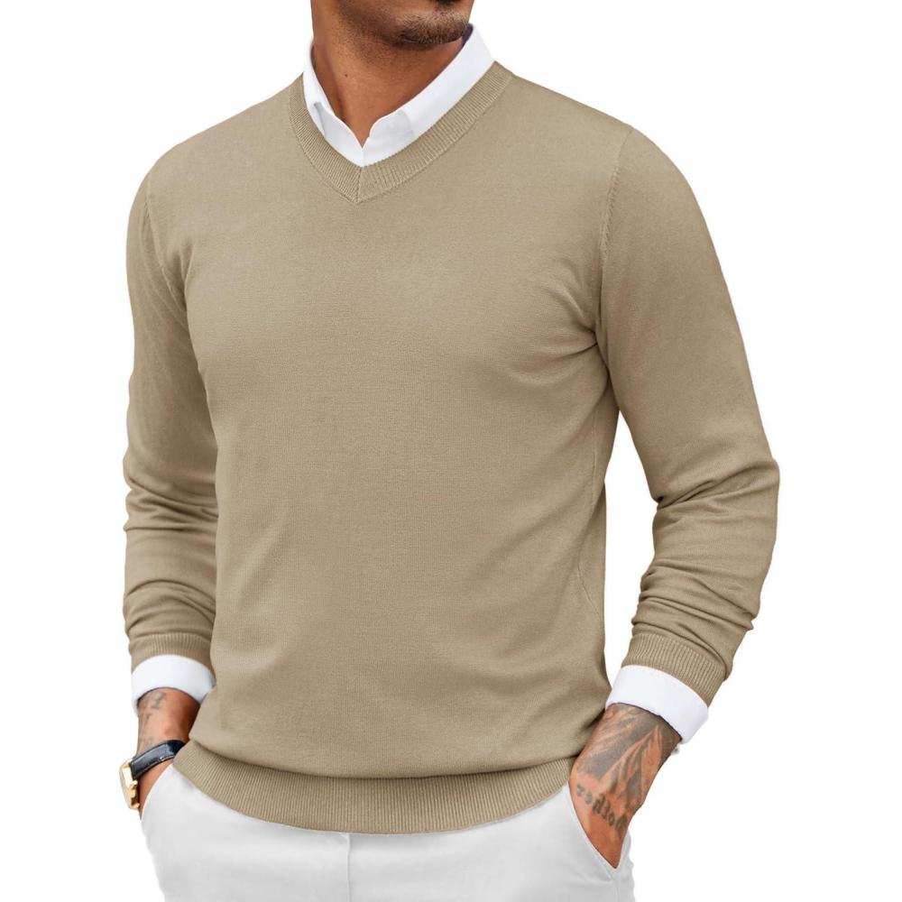 imageCOOFANDY Men Casual V Neck Sweater Ribbed Knit Slim Fit Long Sleeve Pullover TopKhaki
