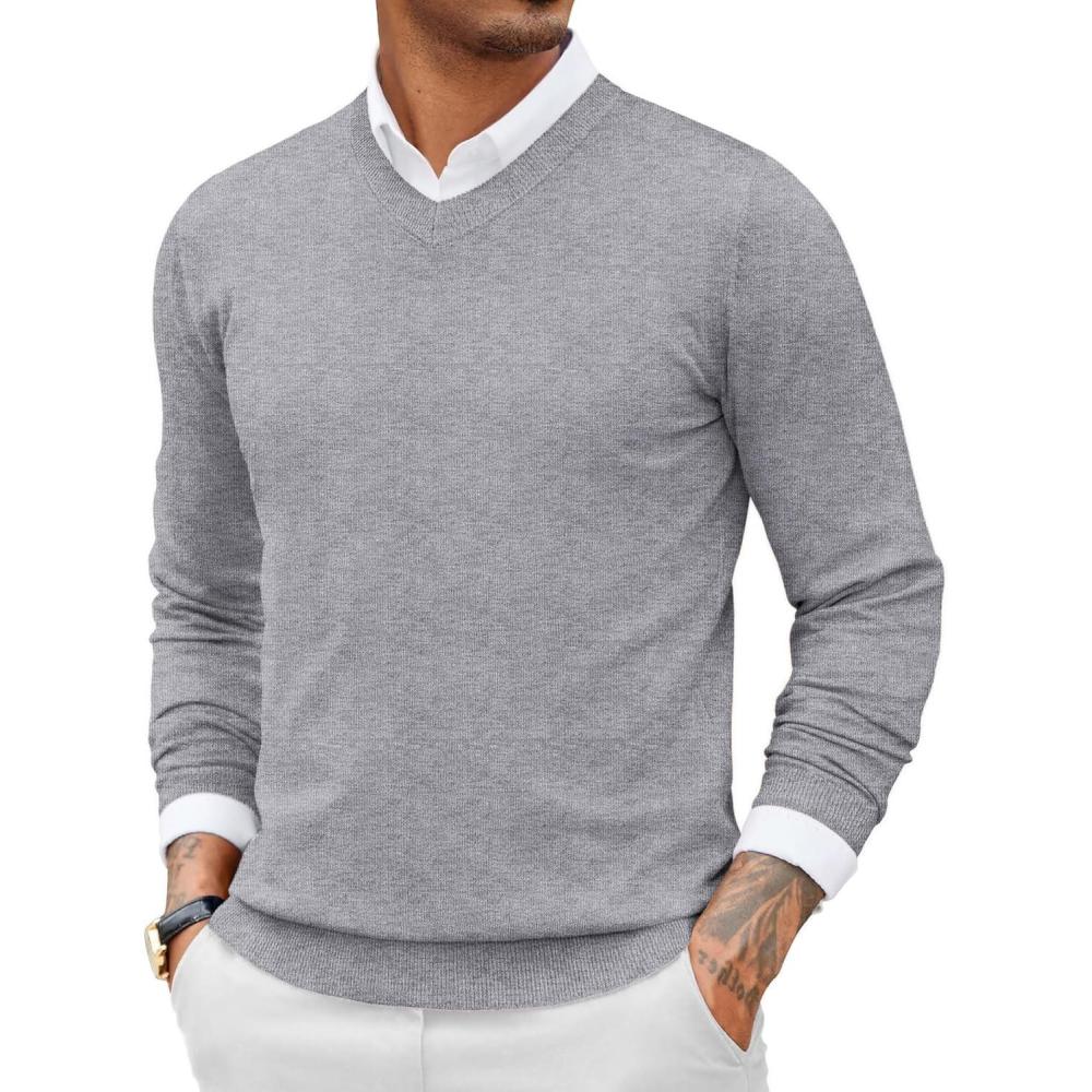 imageCOOFANDY Men Casual V Neck Sweater Ribbed Knit Slim Fit Long Sleeve Pullover TopLight Grey