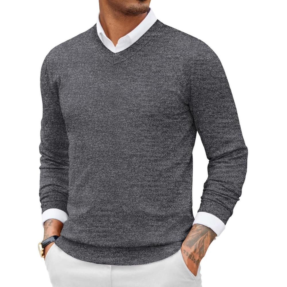 imageCOOFANDY Men Casual V Neck Sweater Ribbed Knit Slim Fit Long Sleeve Pullover TopPat1