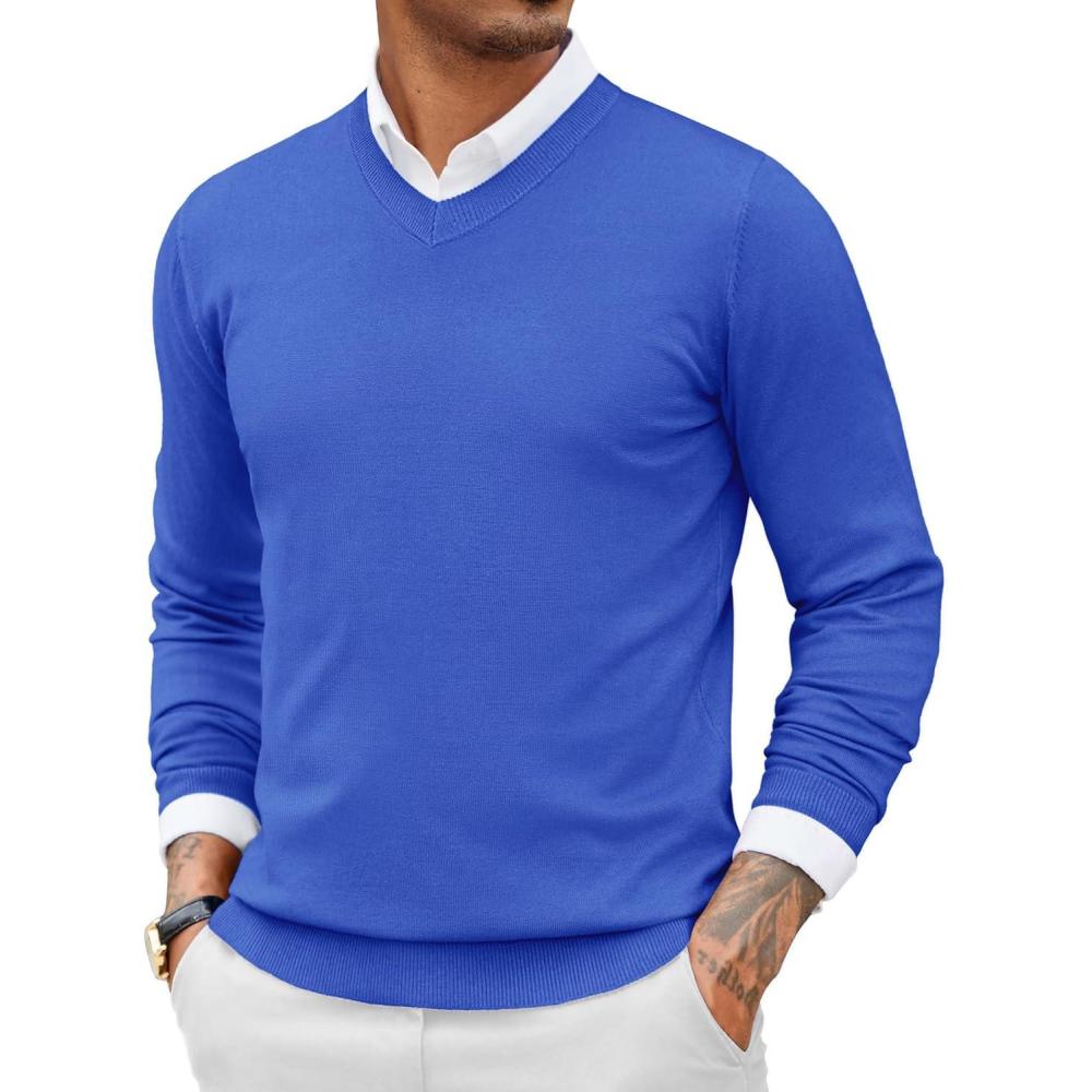 imageCOOFANDY Men Casual V Neck Sweater Ribbed Knit Slim Fit Long Sleeve Pullover TopRoyal Blue