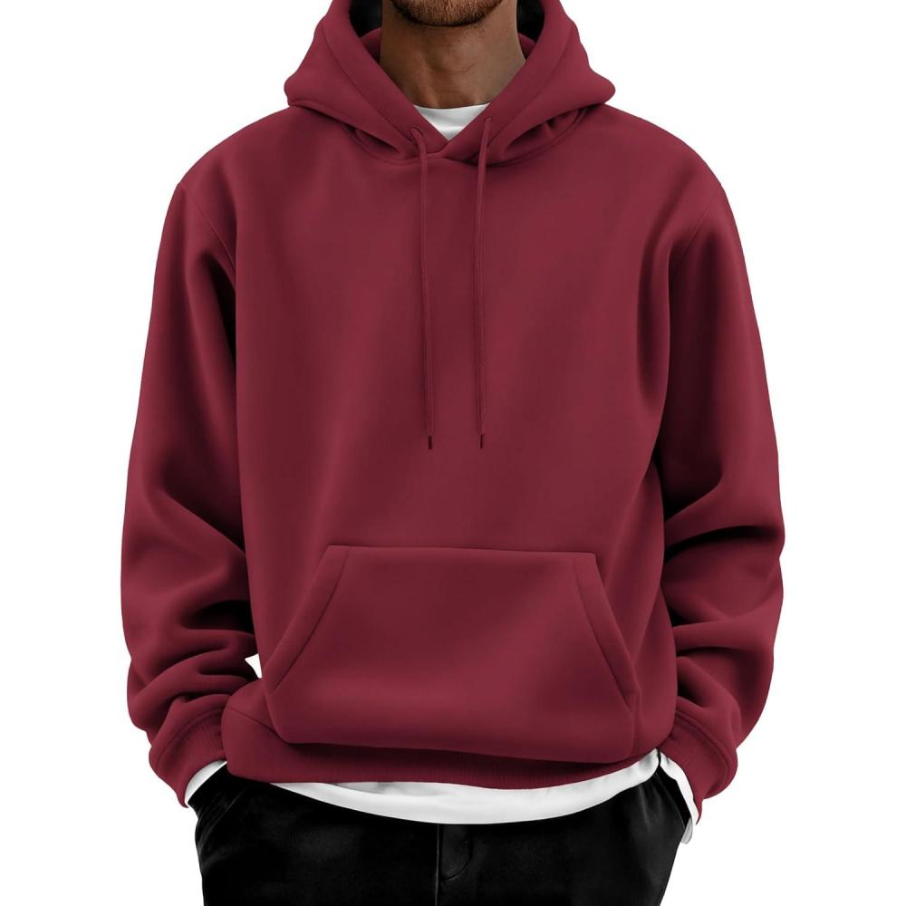 imageCOOFANDY Men Cotton Fleece Hooded Sweatshirt Casual Long Sleeve Hoodies Pullover Fashion Drawstring Hoodie with Kanga PocketWine Red
