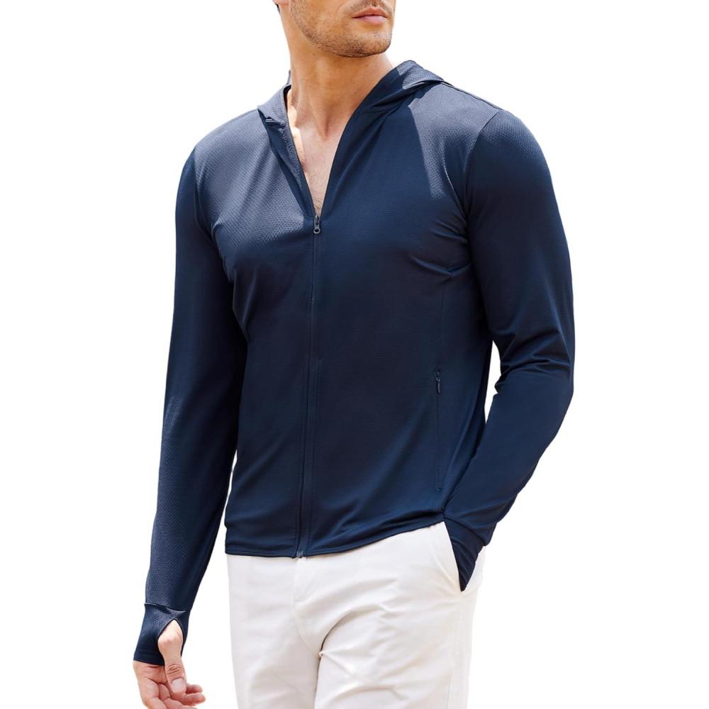 imageCOOFANDY Men Full Zip UPF 50 Sun Protection Hoodie Jacket Long Sleeve Lightweight Breathable UV Shirts with PocketsNavy Blue