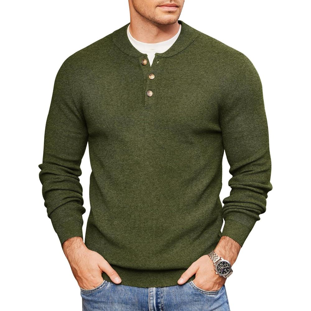imageCOOFANDY Men Henley Knit Sweater Dress Long Sleeve Button Pullover Sweater Casual Sweater Lightweight Slim Fit TopsArmy GreenBlack