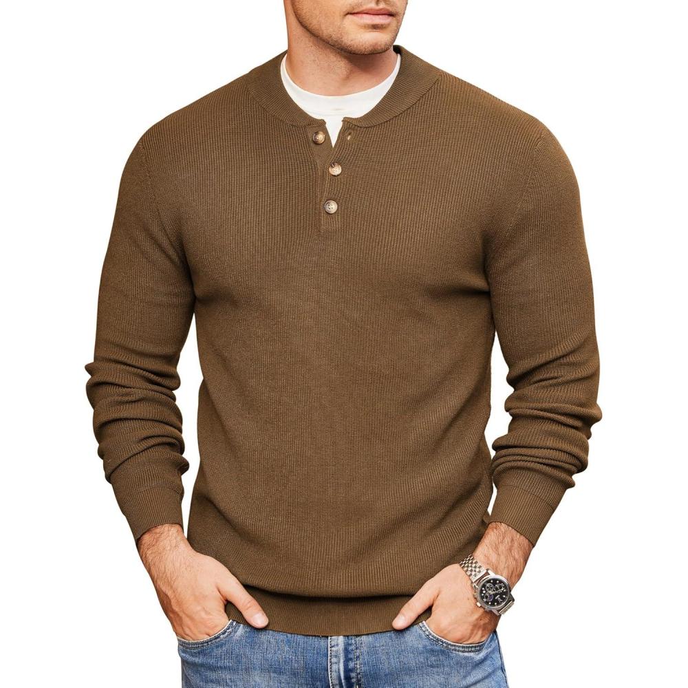 imageCOOFANDY Men Henley Knit Sweater Dress Long Sleeve Button Pullover Sweater Casual Sweater Lightweight Slim Fit TopsBrown