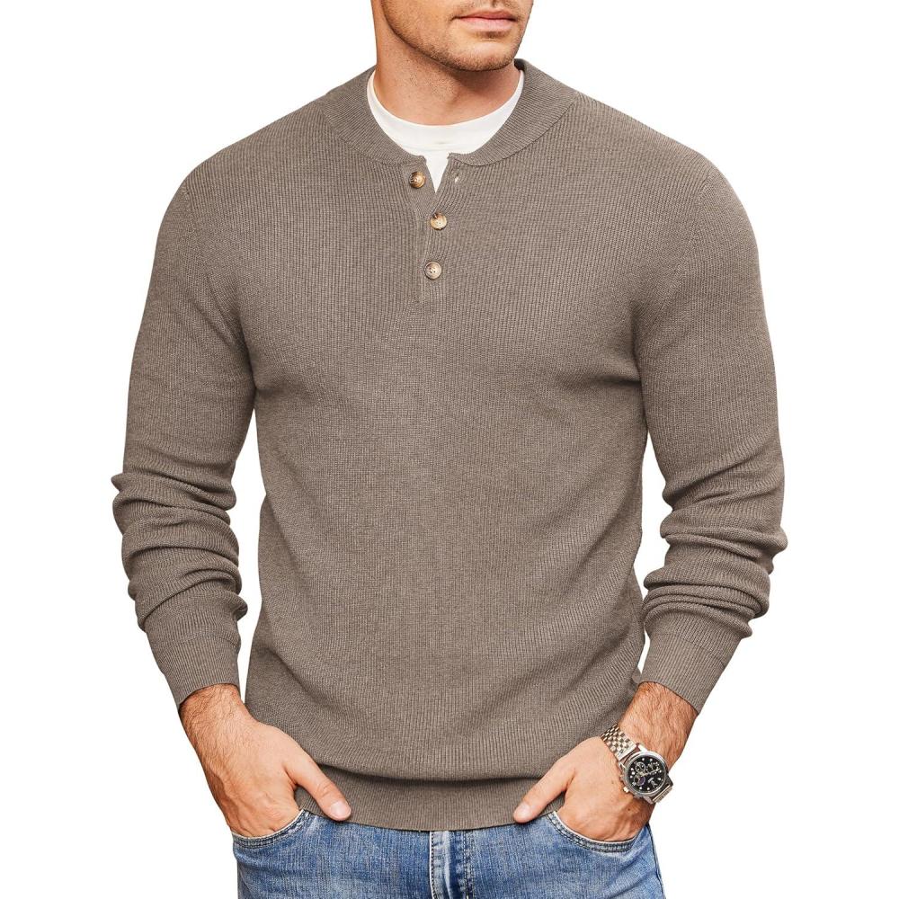 imageCOOFANDY Men Henley Knit Sweater Dress Long Sleeve Button Pullover Sweater Casual Sweater Lightweight Slim Fit TopsBrown and Grey