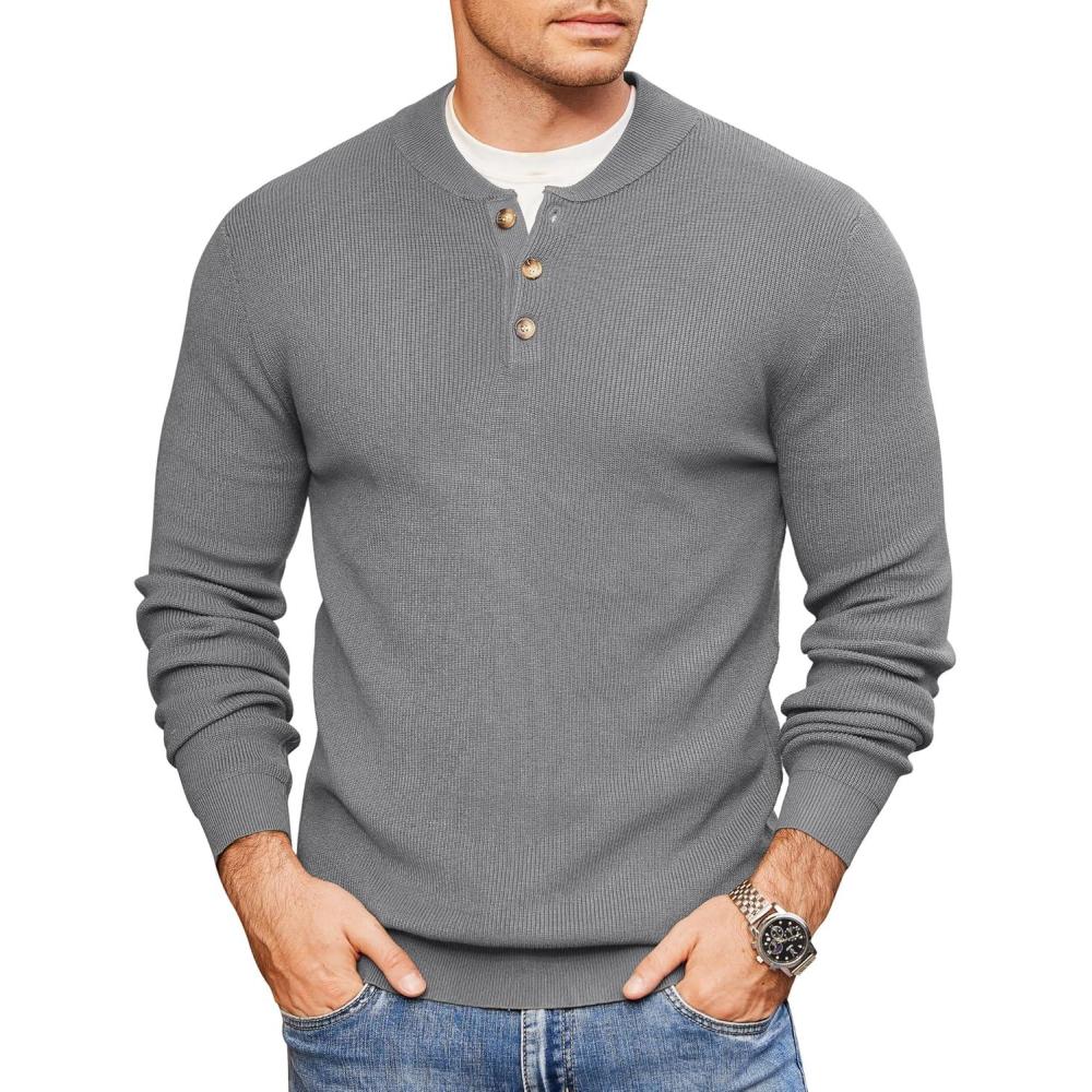 imageCOOFANDY Men Henley Knit Sweater Dress Long Sleeve Button Pullover Sweater Casual Sweater Lightweight Slim Fit TopsDark Grey