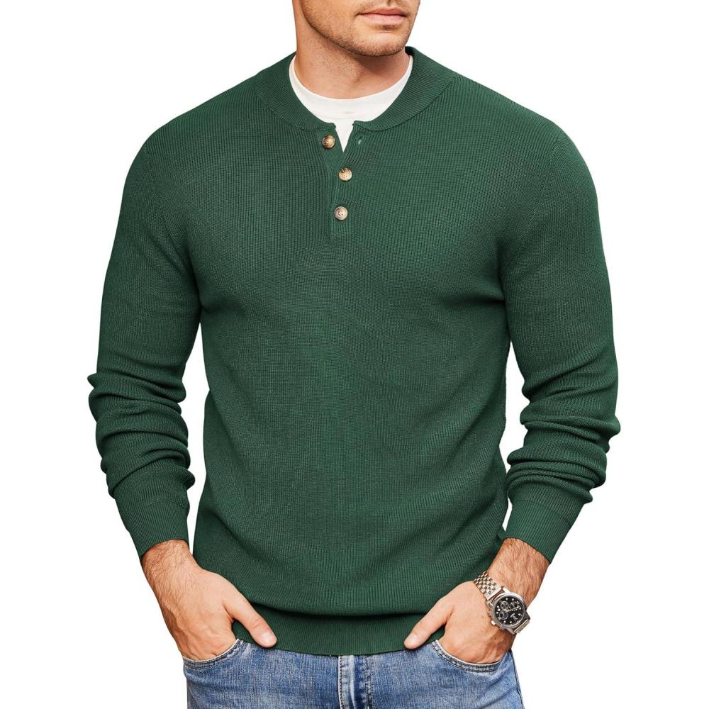 imageCOOFANDY Men Henley Knit Sweater Dress Long Sleeve Button Pullover Sweater Casual Sweater Lightweight Slim Fit TopsGreen