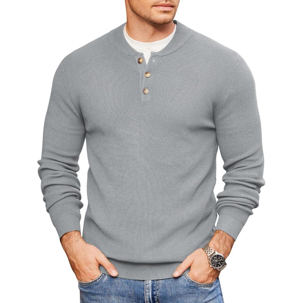 imageCOOFANDY Men Henley Knit Sweater Dress Long Sleeve Button Pullover Sweater Casual Sweater Lightweight Slim Fit TopsLight Grey
