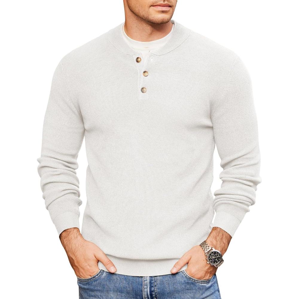 imageCOOFANDY Men Henley Knit Sweater Dress Long Sleeve Button Pullover Sweater Casual Sweater Lightweight Slim Fit TopsWhite