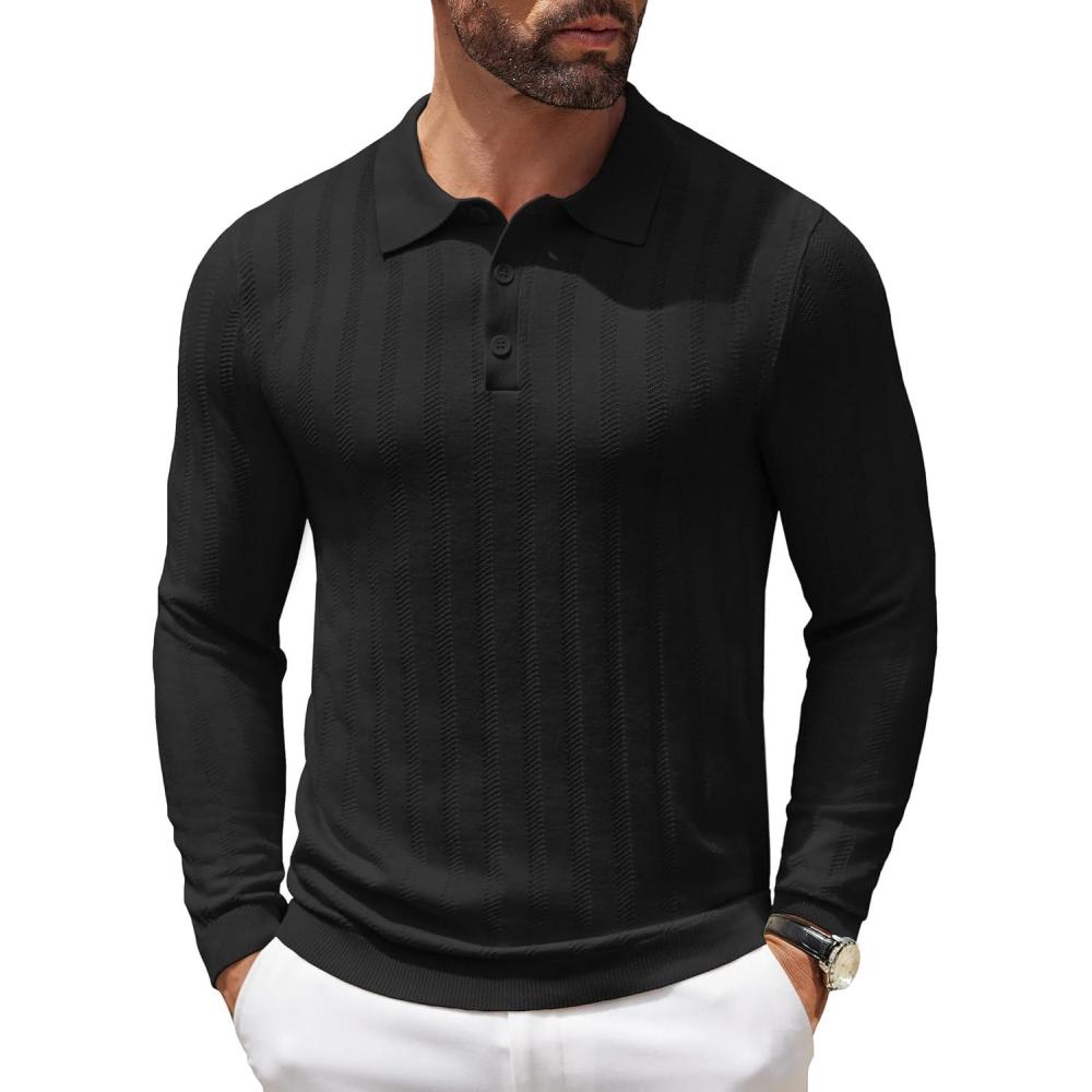 imageCOOFANDY Men Knit Long Sleeve Polo Shirts Casual Dress Collared Sweater Pullover Button Down Golf Polo ShirtsBlack