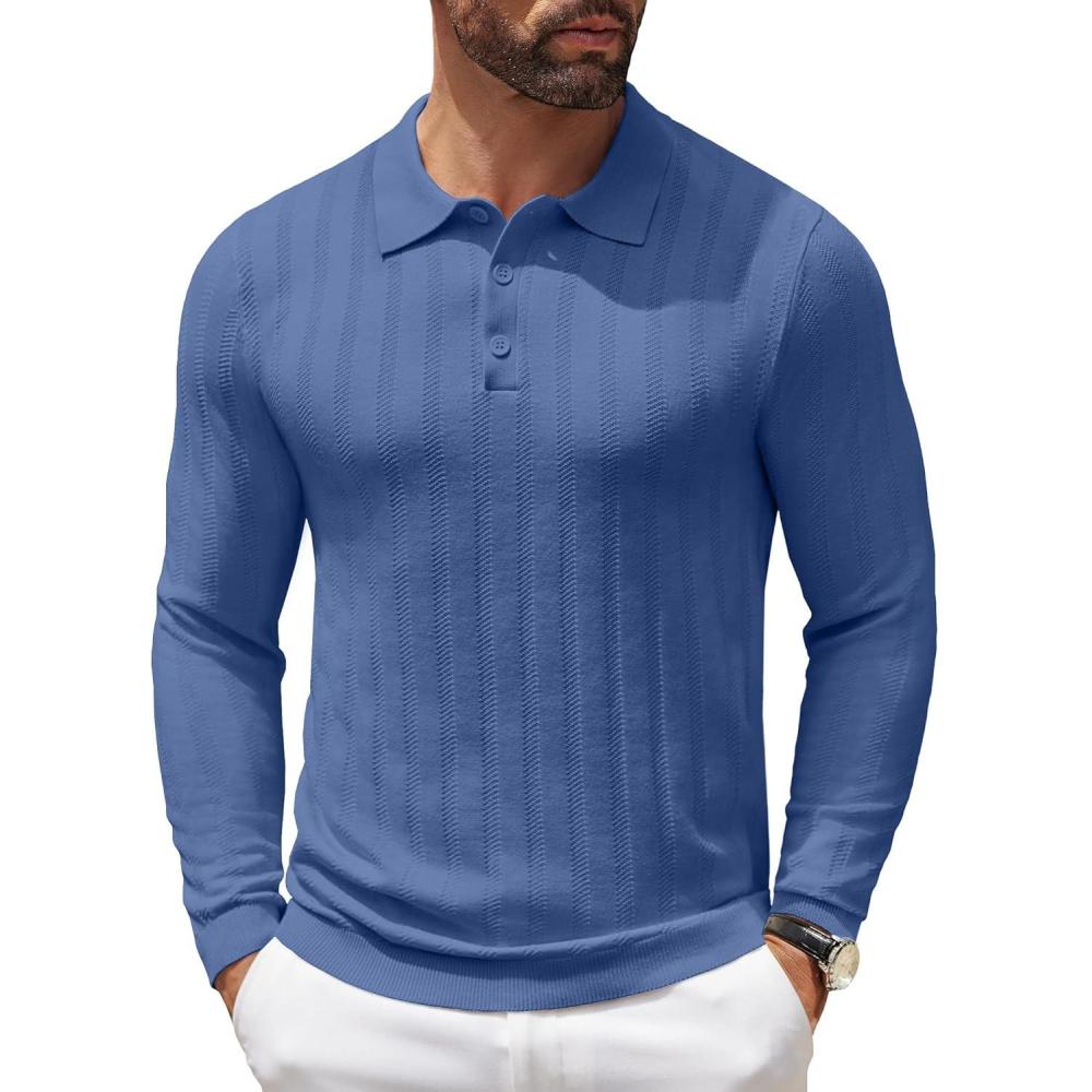 imageCOOFANDY Men Knit Long Sleeve Polo Shirts Casual Dress Collared Sweater Pullover Button Down Golf Polo ShirtsBlue
