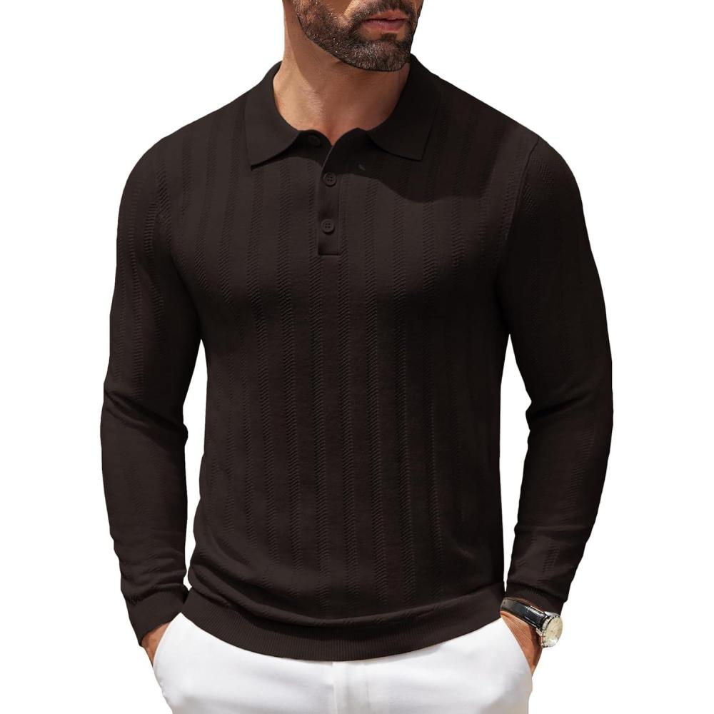 imageCOOFANDY Men Knit Long Sleeve Polo Shirts Casual Dress Collared Sweater Pullover Button Down Golf Polo ShirtsBrown