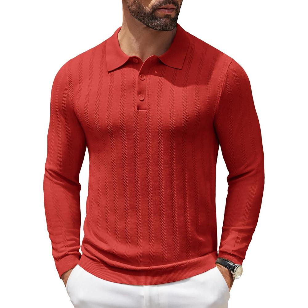 imageCOOFANDY Men Knit Long Sleeve Polo Shirts Casual Dress Collared Sweater Pullover Button Down Golf Polo ShirtsDark Red
