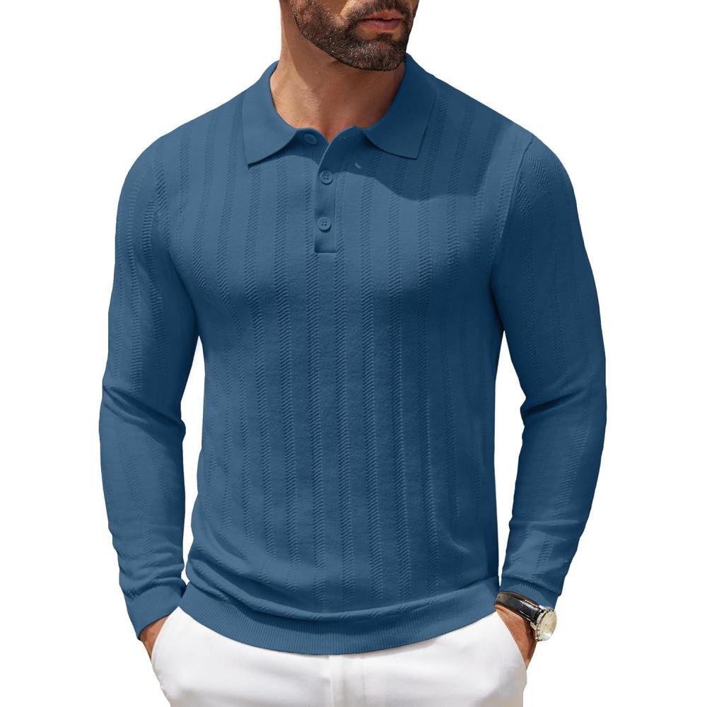 imageCOOFANDY Men Knit Long Sleeve Polo Shirts Casual Dress Collared Sweater Pullover Button Down Golf Polo ShirtsDenim Blue