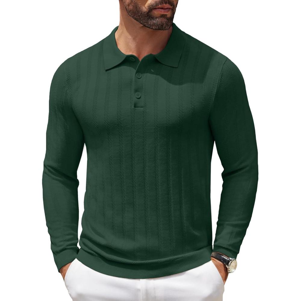 imageCOOFANDY Men Knit Long Sleeve Polo Shirts Casual Dress Collared Sweater Pullover Button Down Golf Polo ShirtsGreen