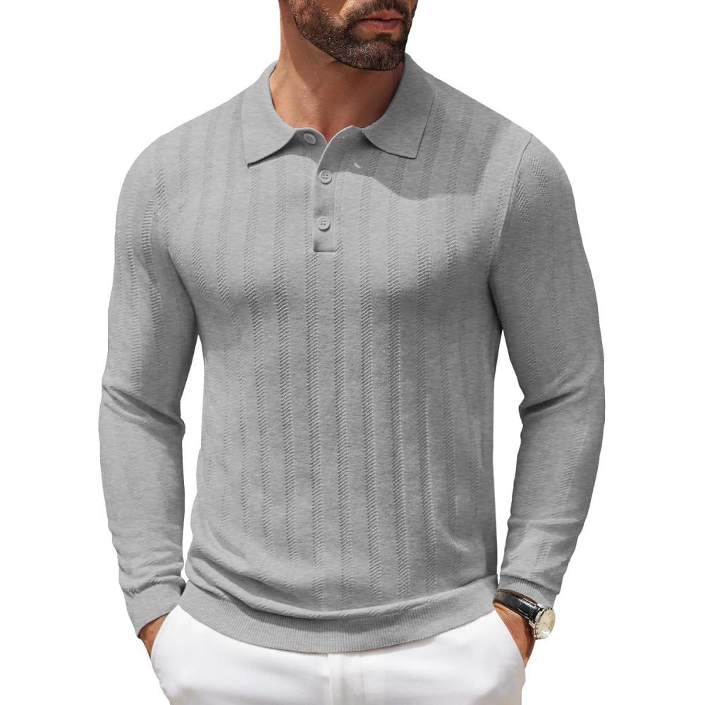 imageCOOFANDY Men Knit Long Sleeve Polo Shirts Casual Dress Collared Sweater Pullover Button Down Golf Polo ShirtsLight Grey