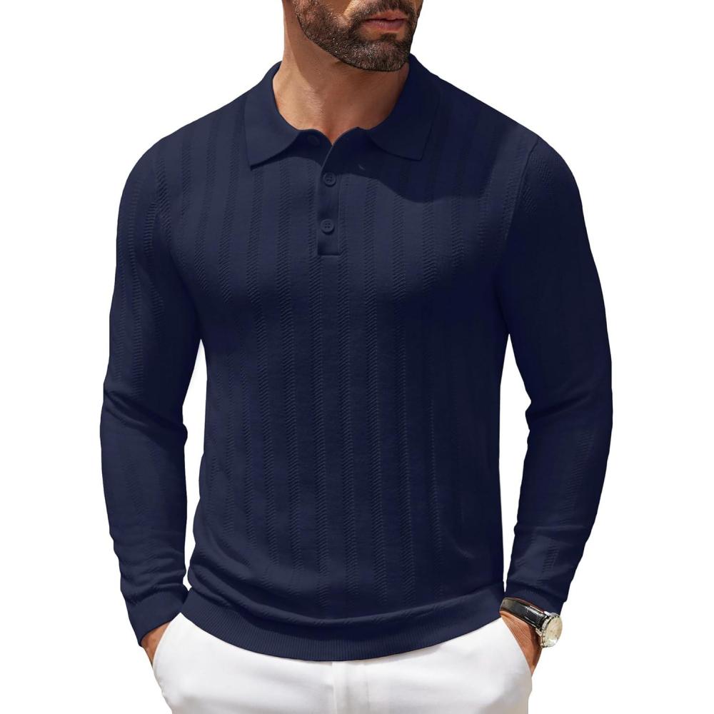 imageCOOFANDY Men Knit Long Sleeve Polo Shirts Casual Dress Collared Sweater Pullover Button Down Golf Polo ShirtsNavy Blue