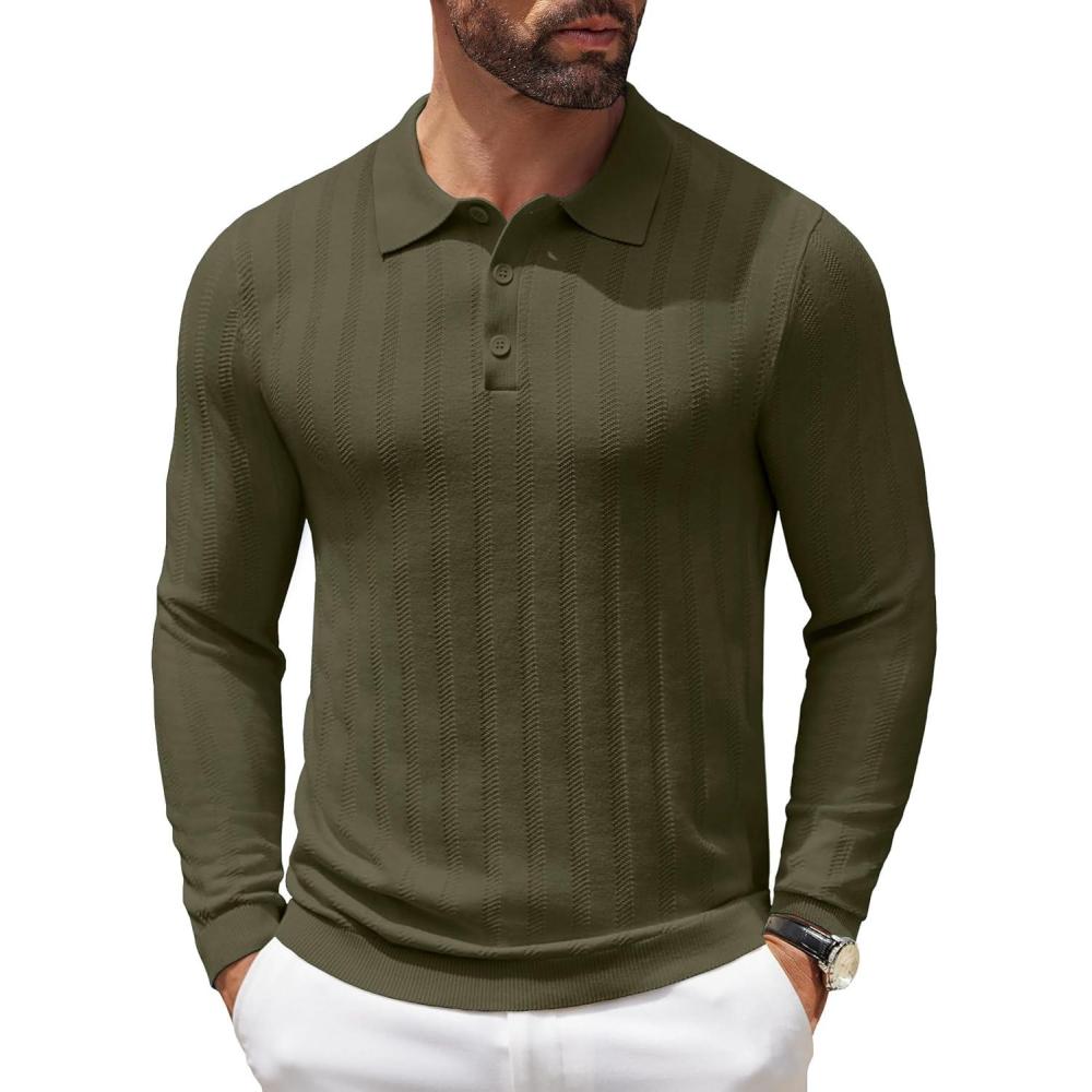 imageCOOFANDY Men Knit Long Sleeve Polo Shirts Casual Dress Collared Sweater Pullover Button Down Golf Polo ShirtsOlive Green