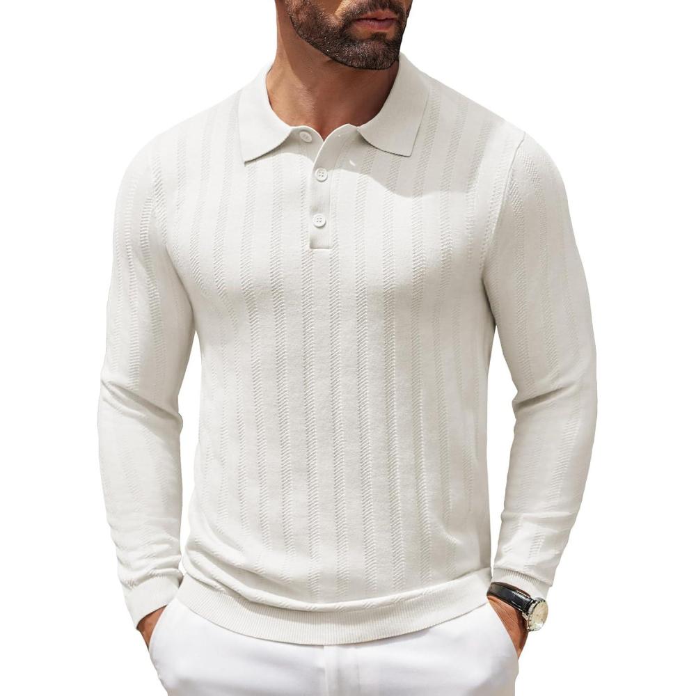 imageCOOFANDY Men Knit Long Sleeve Polo Shirts Casual Dress Collared Sweater Pullover Button Down Golf Polo ShirtsWhite
