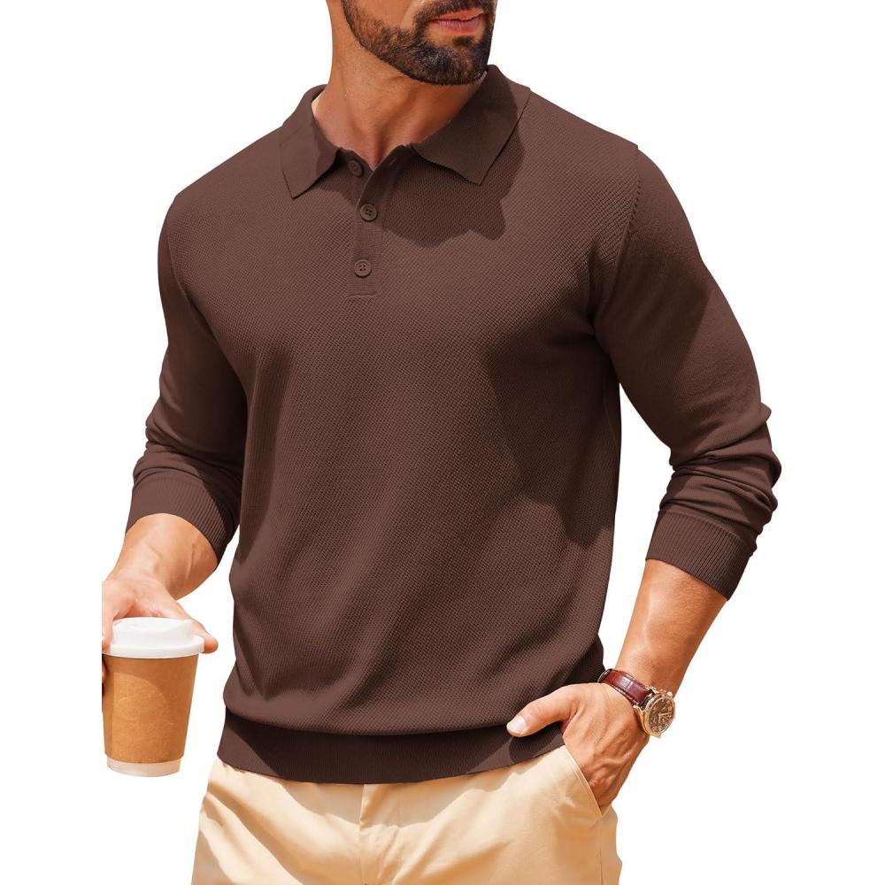 imageCOOFANDY Men Long Sleeve Polo Sweater Knitted Polo Slim Fit Waffle Collared Pullover SweaterBrown