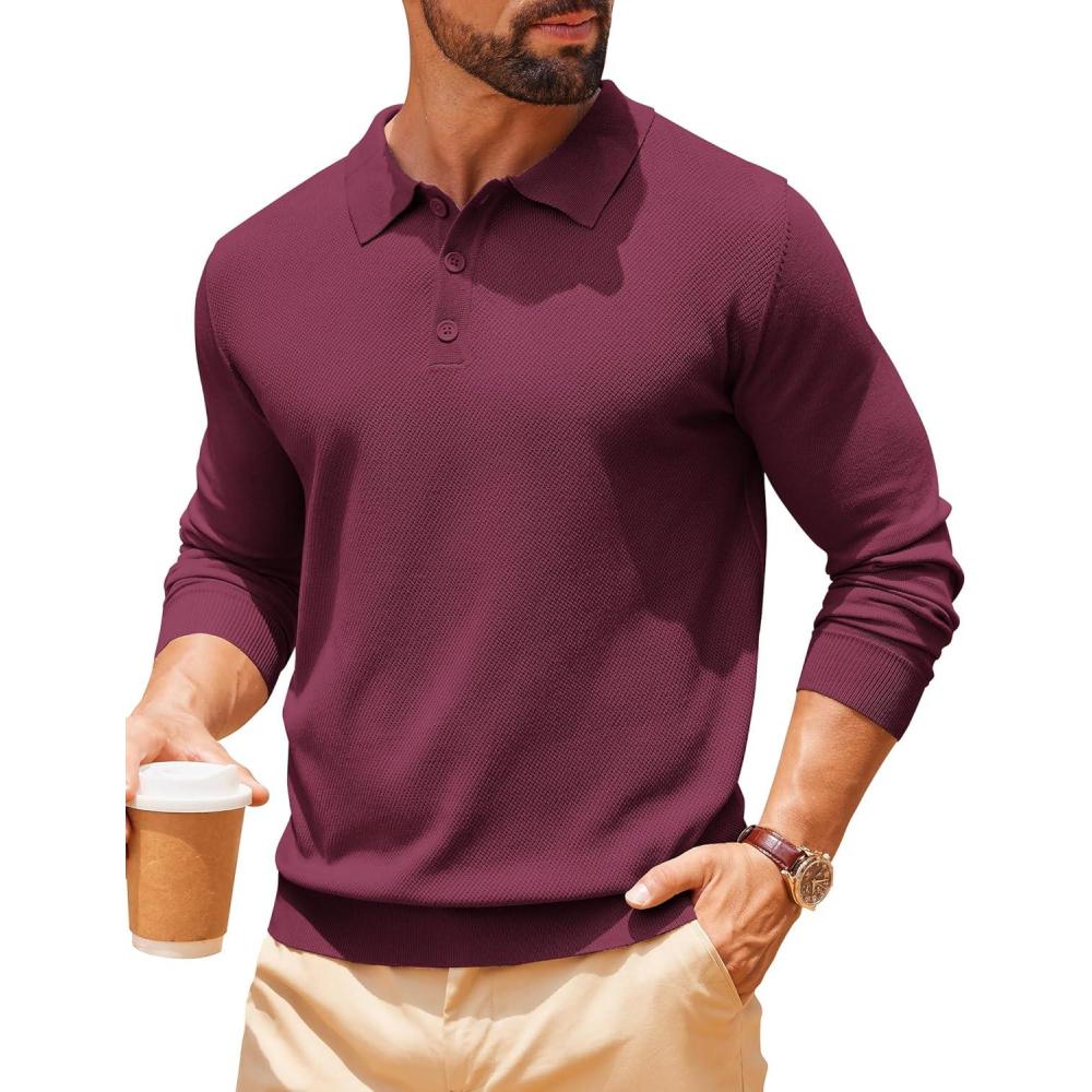 imageCOOFANDY Men Long Sleeve Polo Sweater Knitted Polo Slim Fit Waffle Collared Pullover SweaterDark Red