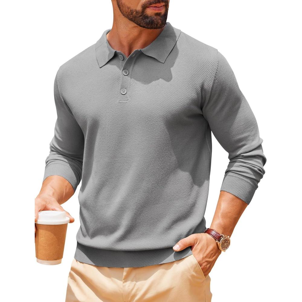 imageCOOFANDY Men Long Sleeve Polo Sweater Knitted Polo Slim Fit Waffle Collared Pullover SweaterGrey