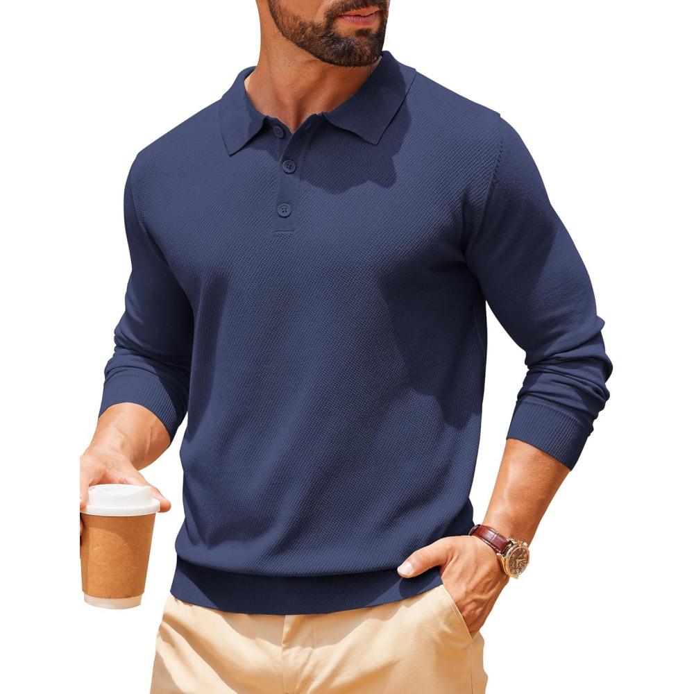imageCOOFANDY Men Long Sleeve Polo Sweater Knitted Polo Slim Fit Waffle Collared Pullover SweaterNavy Blue