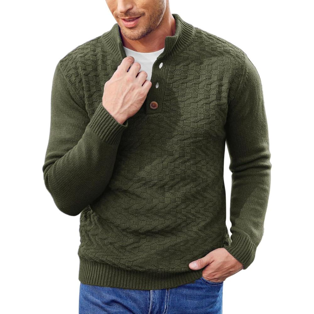 imageCOOFANDY Men Mock Neck Button Sweater Casual Knitted Sweaters Fashion Henley SweaterArmy Green