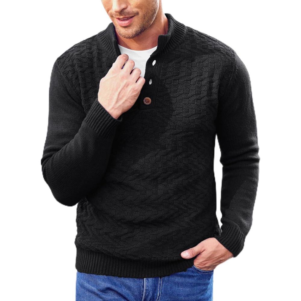 imageCOOFANDY Men Mock Neck Button Sweater Casual Knitted Sweaters Fashion Henley SweaterBlack