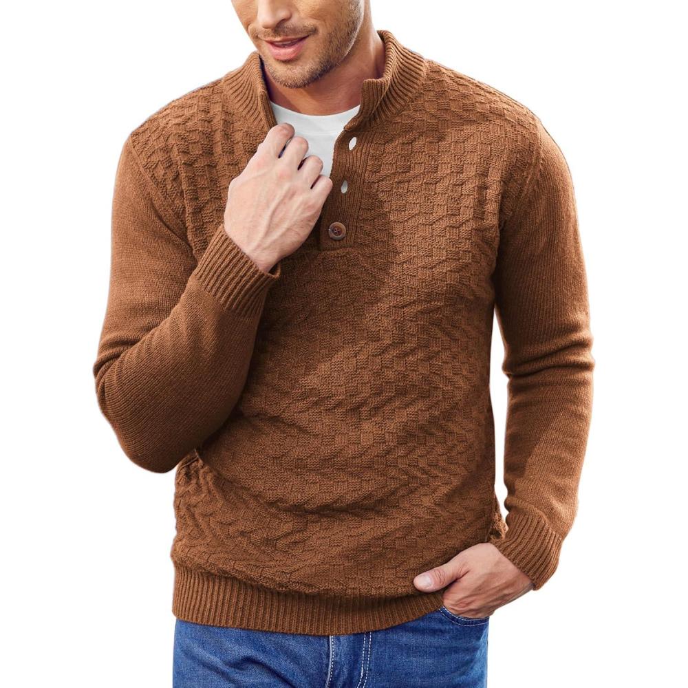 imageCOOFANDY Men Mock Neck Button Sweater Casual Knitted Sweaters Fashion Henley SweaterCaramel