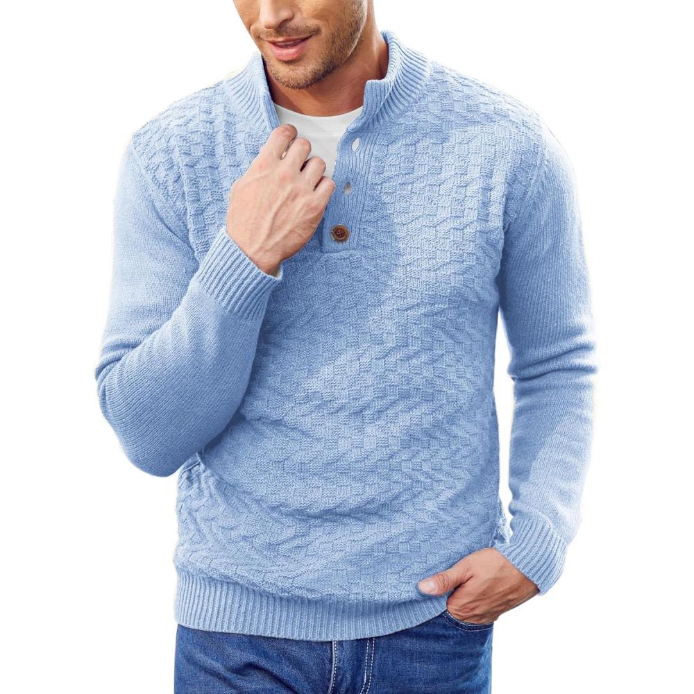 imageCOOFANDY Men Mock Neck Button Sweater Casual Knitted Sweaters Fashion Henley SweaterClear Blue