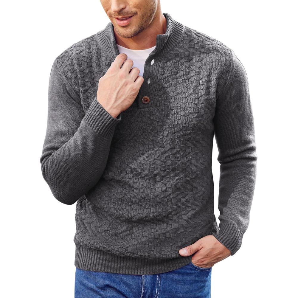 imageCOOFANDY Men Mock Neck Button Sweater Casual Knitted Sweaters Fashion Henley SweaterDark Gray