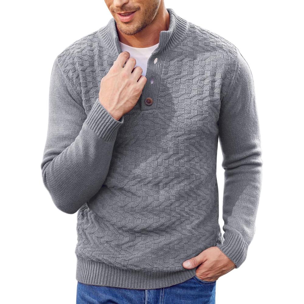 imageCOOFANDY Men Mock Neck Button Sweater Casual Knitted Sweaters Fashion Henley SweaterGray