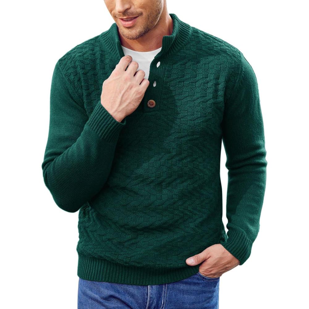 imageCOOFANDY Men Mock Neck Button Sweater Casual Knitted Sweaters Fashion Henley SweaterGreen