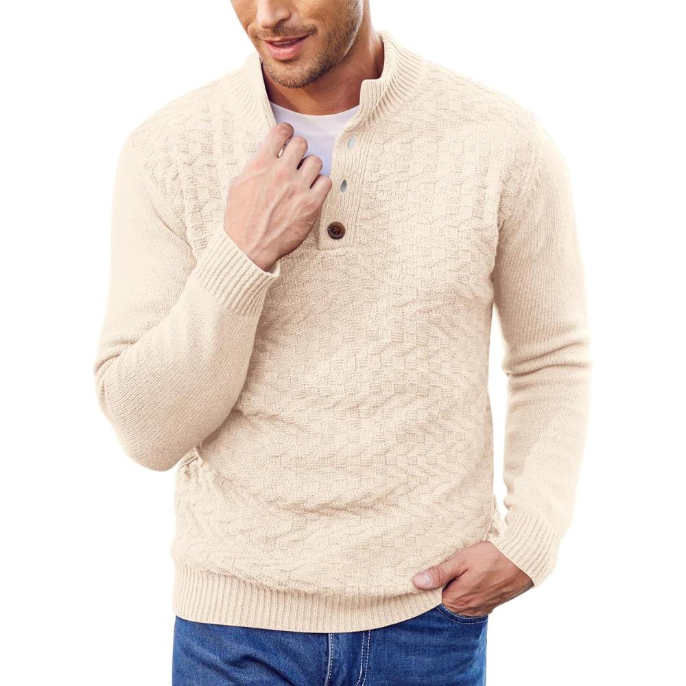 imageCOOFANDY Men Mock Neck Button Sweater Casual Knitted Sweaters Fashion Henley SweaterLight Khaki