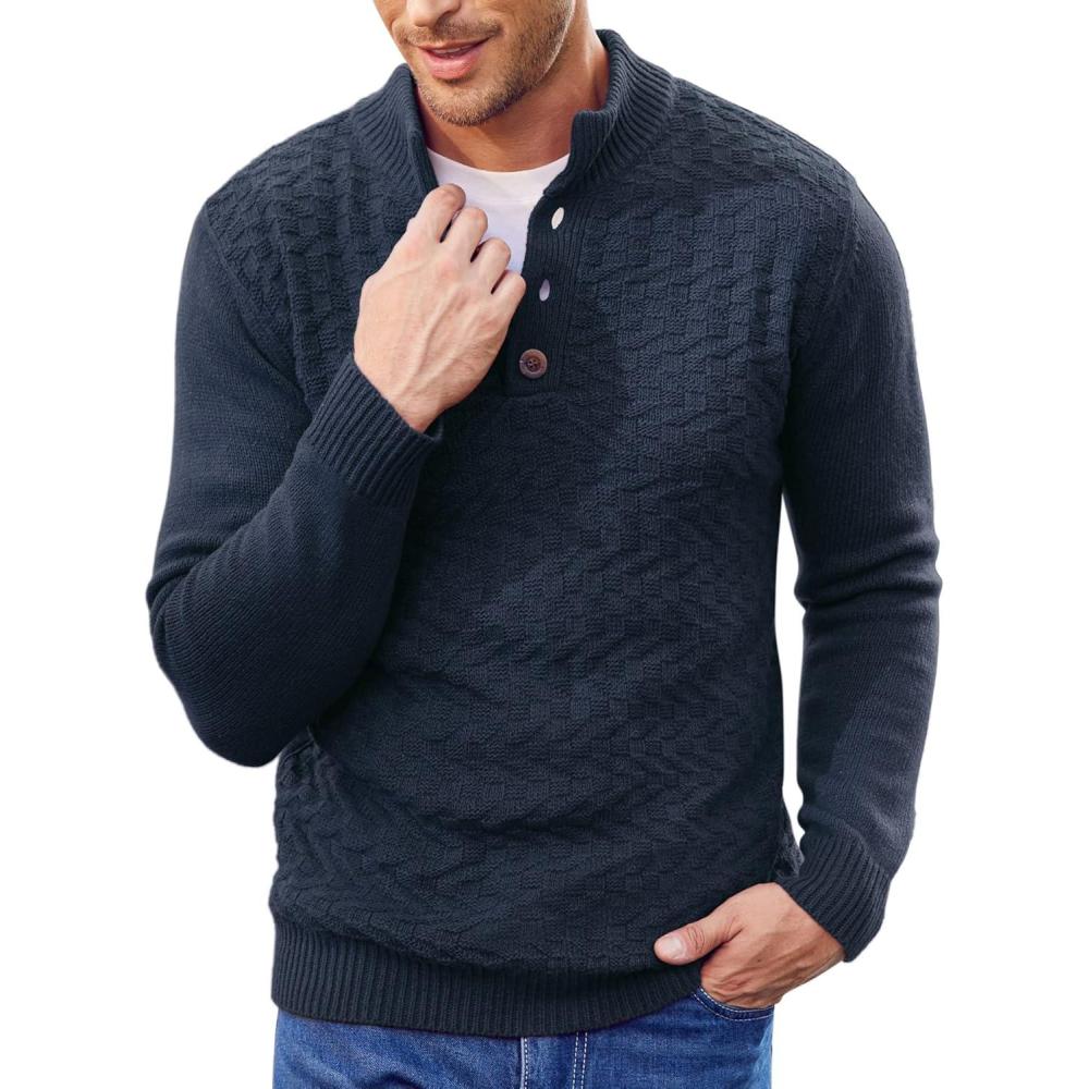imageCOOFANDY Men Mock Neck Button Sweater Casual Knitted Sweaters Fashion Henley SweaterNavy Blue