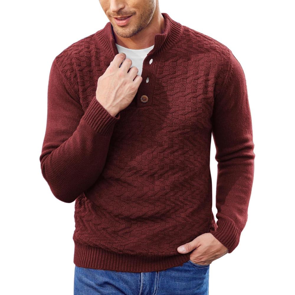 imageCOOFANDY Men Mock Neck Button Sweater Casual Knitted Sweaters Fashion Henley SweaterWine Red
