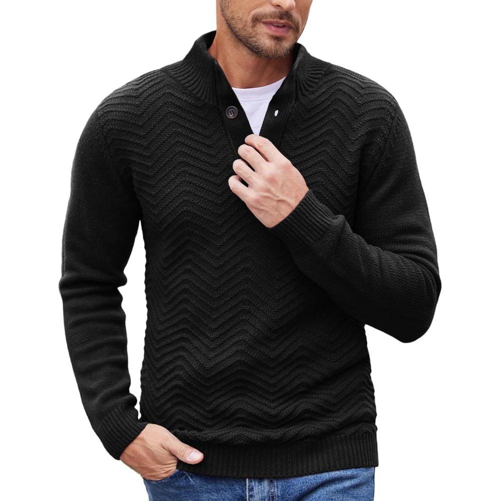 imageCOOFANDY Men Quarter Button Sweater Pullover Cable Knit Henley Mock Neck SweaterBlack