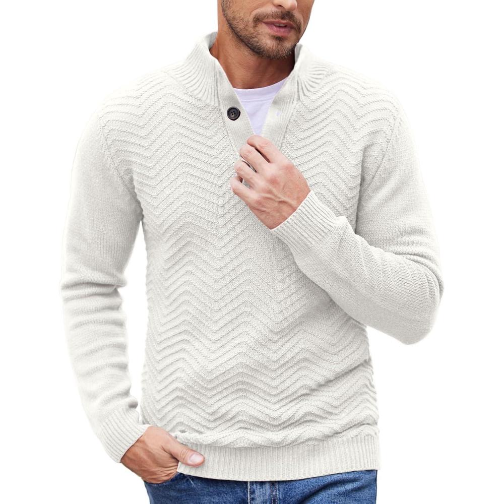 imageCOOFANDY Men Quarter Button Sweater Pullover Cable Knit Henley Mock Neck SweaterWhite