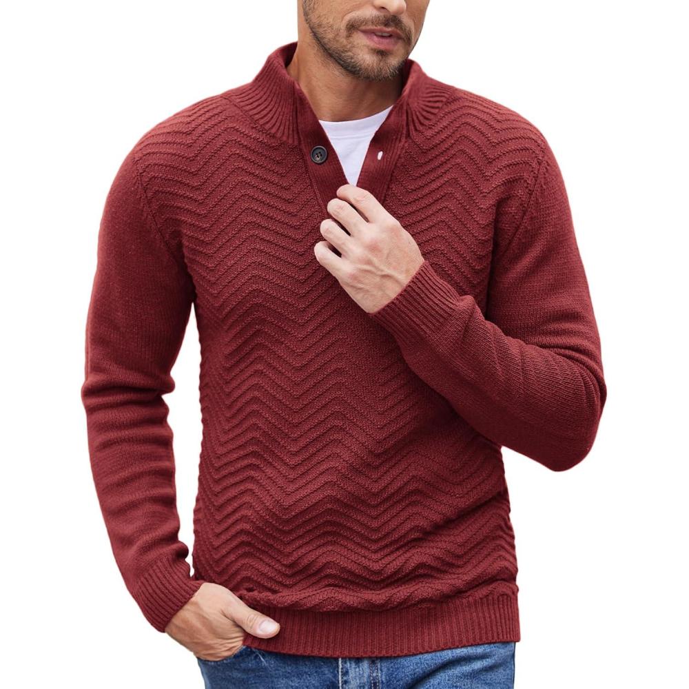 imageCOOFANDY Men Quarter Button Sweater Pullover Cable Knit Henley Mock Neck SweaterWine Red
