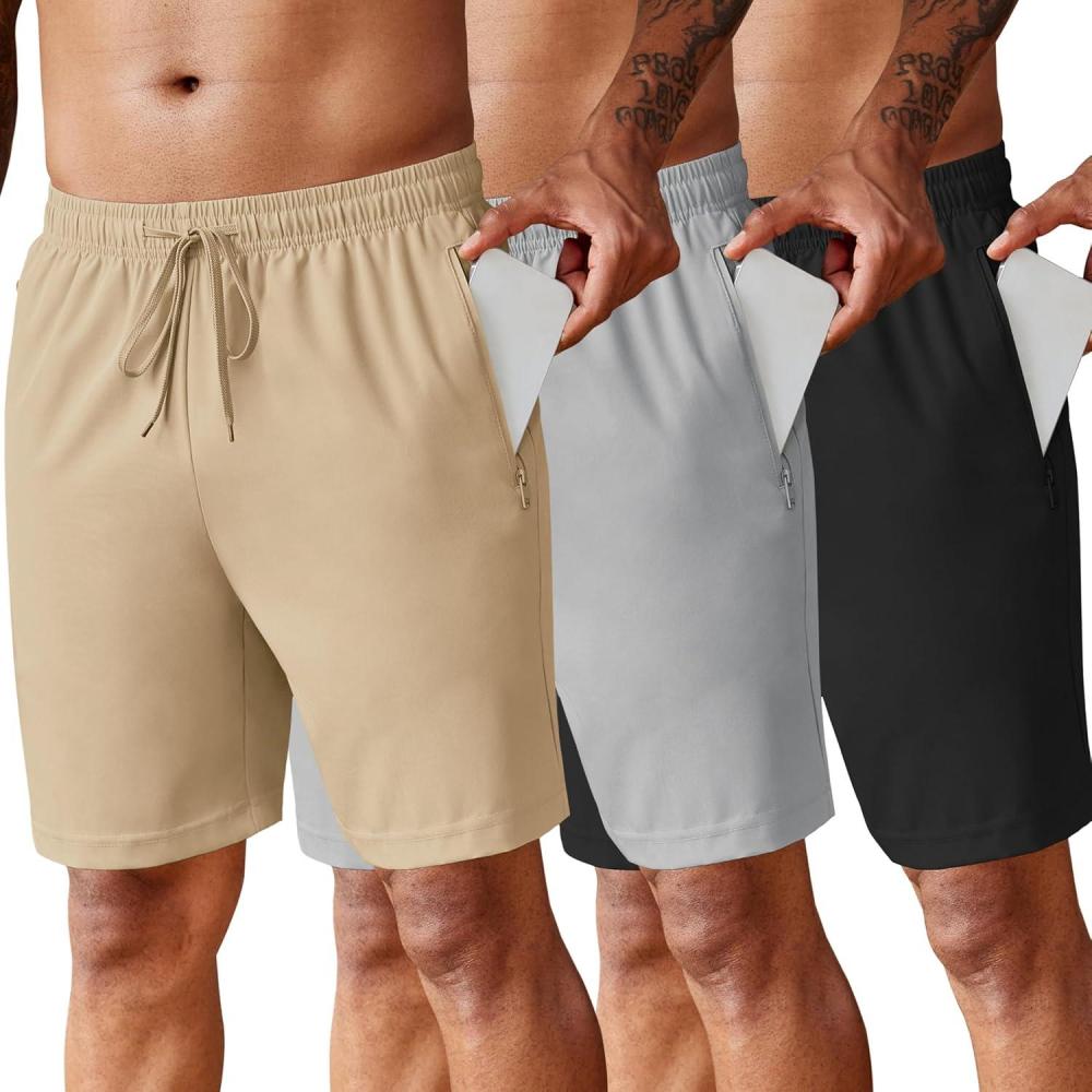 imageCOOFANDY Mens 2 Pack Workout Gym Shorts 7 Inch 5 Inch Athletic Shorts Lightweight Casual Jogger Short with Zipper Pockets3 PackgreyKhakiBlack