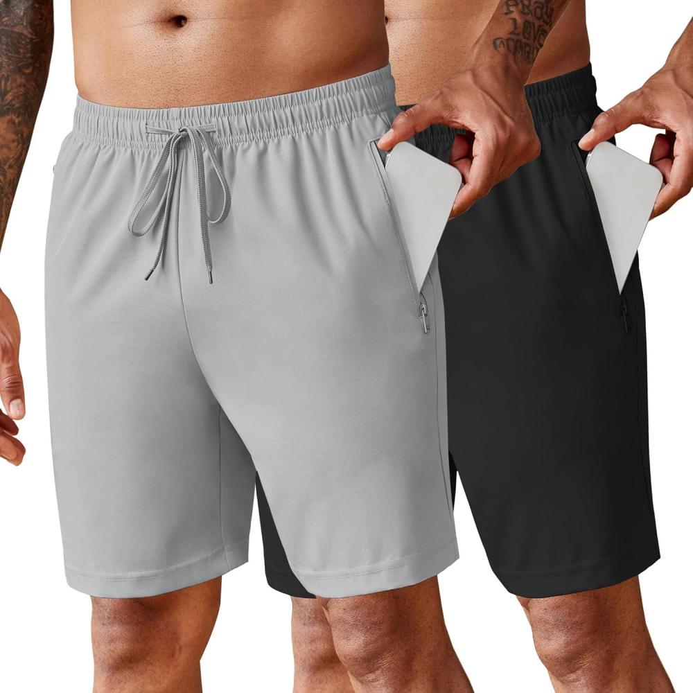 imageCOOFANDY Mens 2 Pack Workout Gym Shorts 7 Inch  5 Inch Athletic Shorts Lightweight Casual Jogger Short with Zipper PocketsGrey  Black