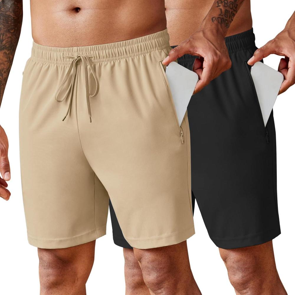 imageCOOFANDY Mens 2 Pack Workout Gym Shorts 7 Inch  5 Inch Athletic Shorts Lightweight Casual Jogger Short with Zipper PocketsKhaki  Black