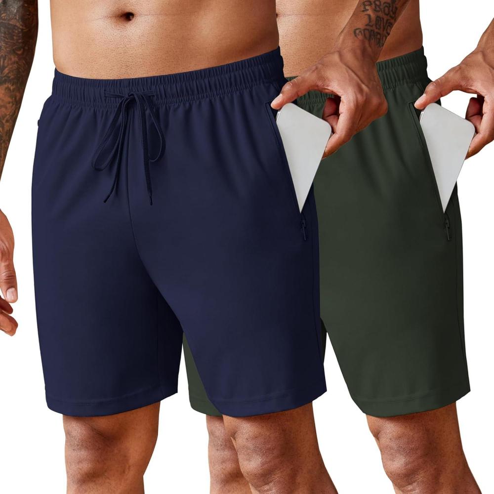 imageCOOFANDY Mens 2 Pack Workout Gym Shorts 7 Inch  5 Inch Athletic Shorts Lightweight Casual Jogger Short with Zipper PocketsNavy Blue  Army Green