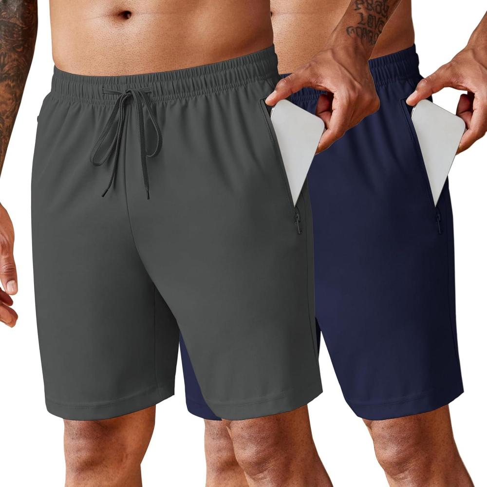 imageCOOFANDY Mens 2 Pack Workout Gym Shorts 7 Inch  5 Inch Athletic Shorts Lightweight Casual Jogger Short with Zipper PocketsNavy Blue  Dark Grey