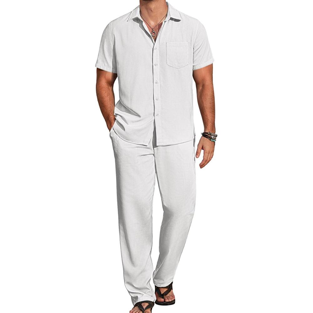 imageCOOFANDY Mens 2 Piece Casual Beach Outfits Short Sleeve Button Down Shirts Summer Loose Pant Sets Vacation Walking OutfitsAwhite