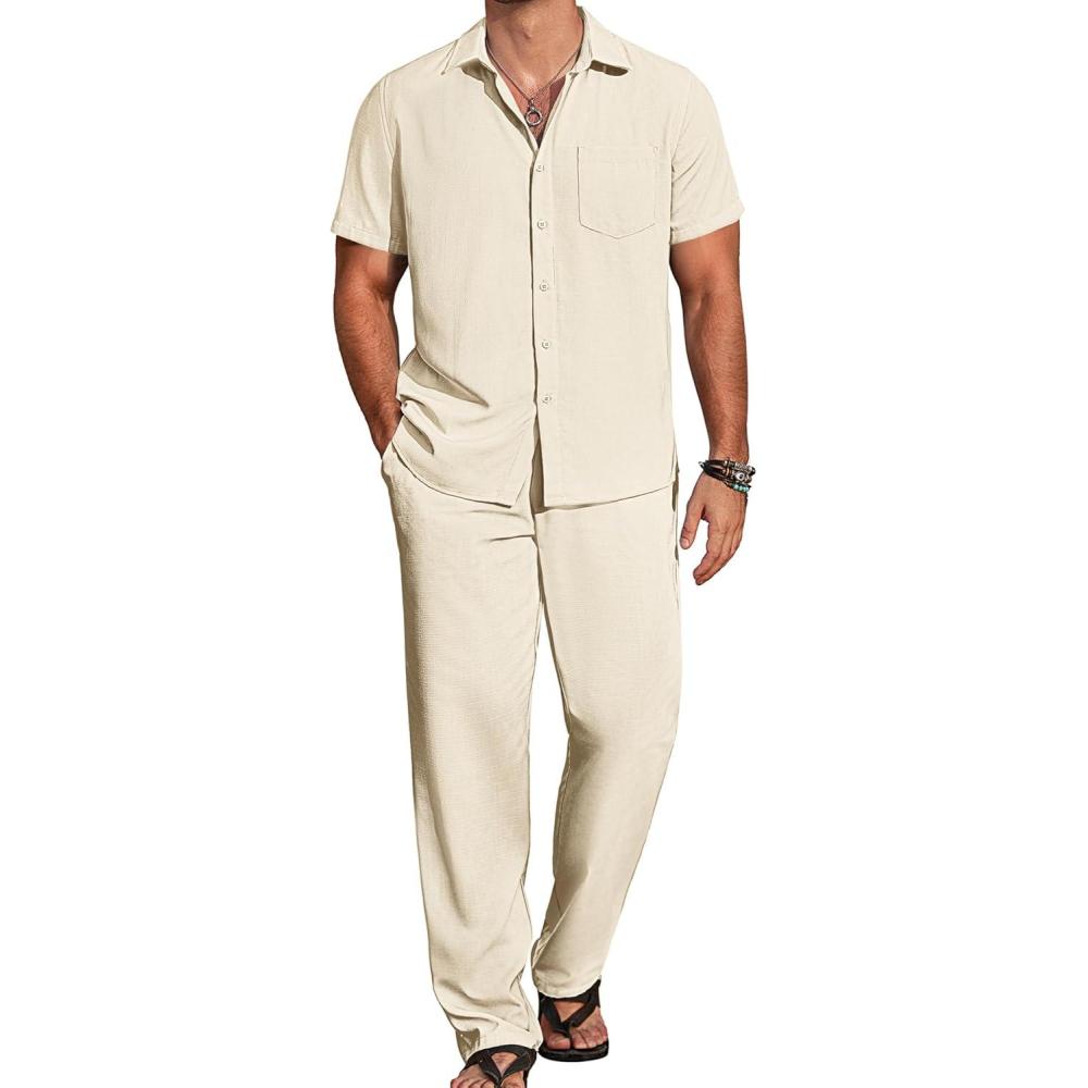imageCOOFANDY Mens 2 Piece Casual Beach Outfits Short Sleeve Button Down Shirts Summer Loose Pant Sets Vacation Walking OutfitsBeige